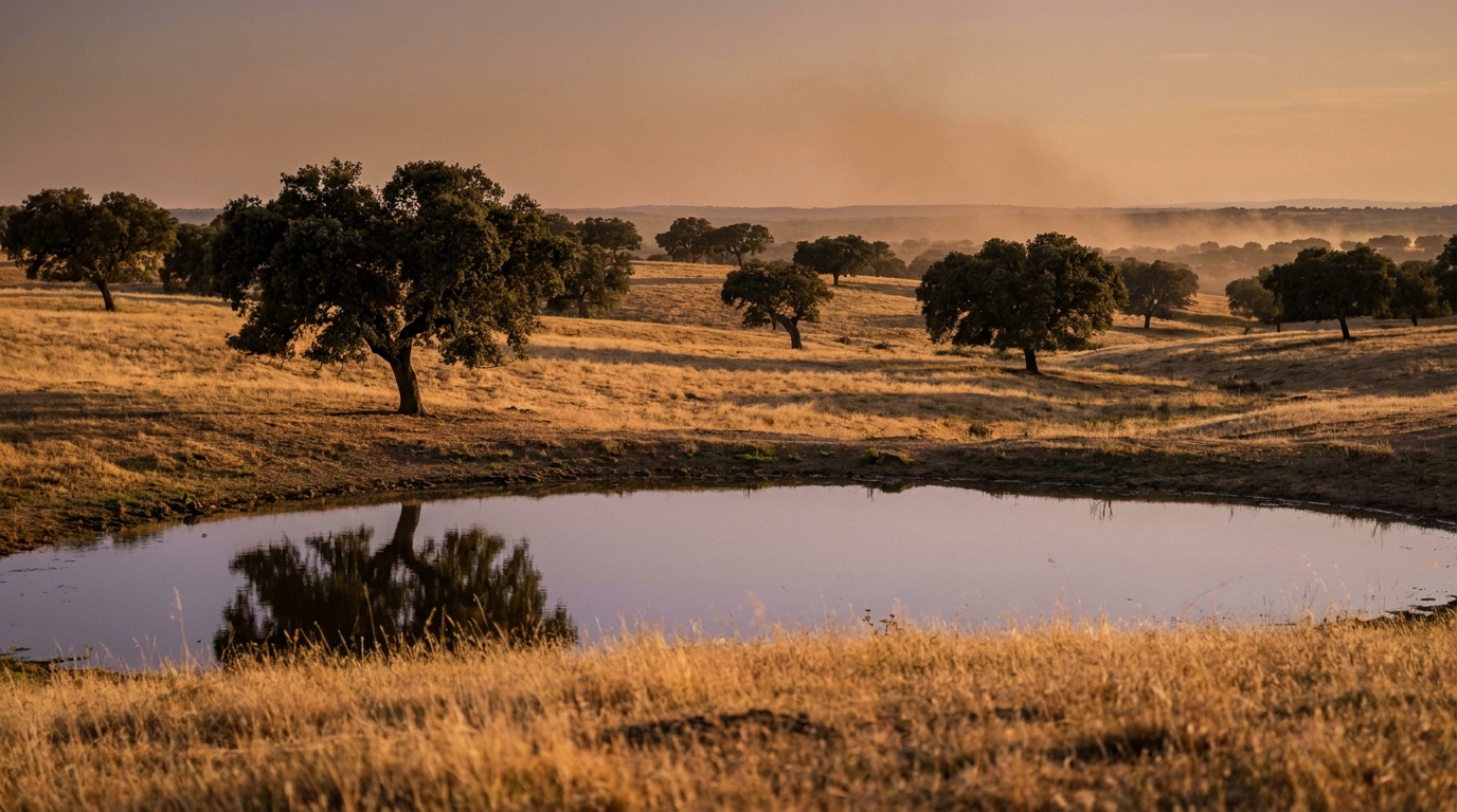 Paisaje de dehesa iberica al atardecer, naturaleza premium