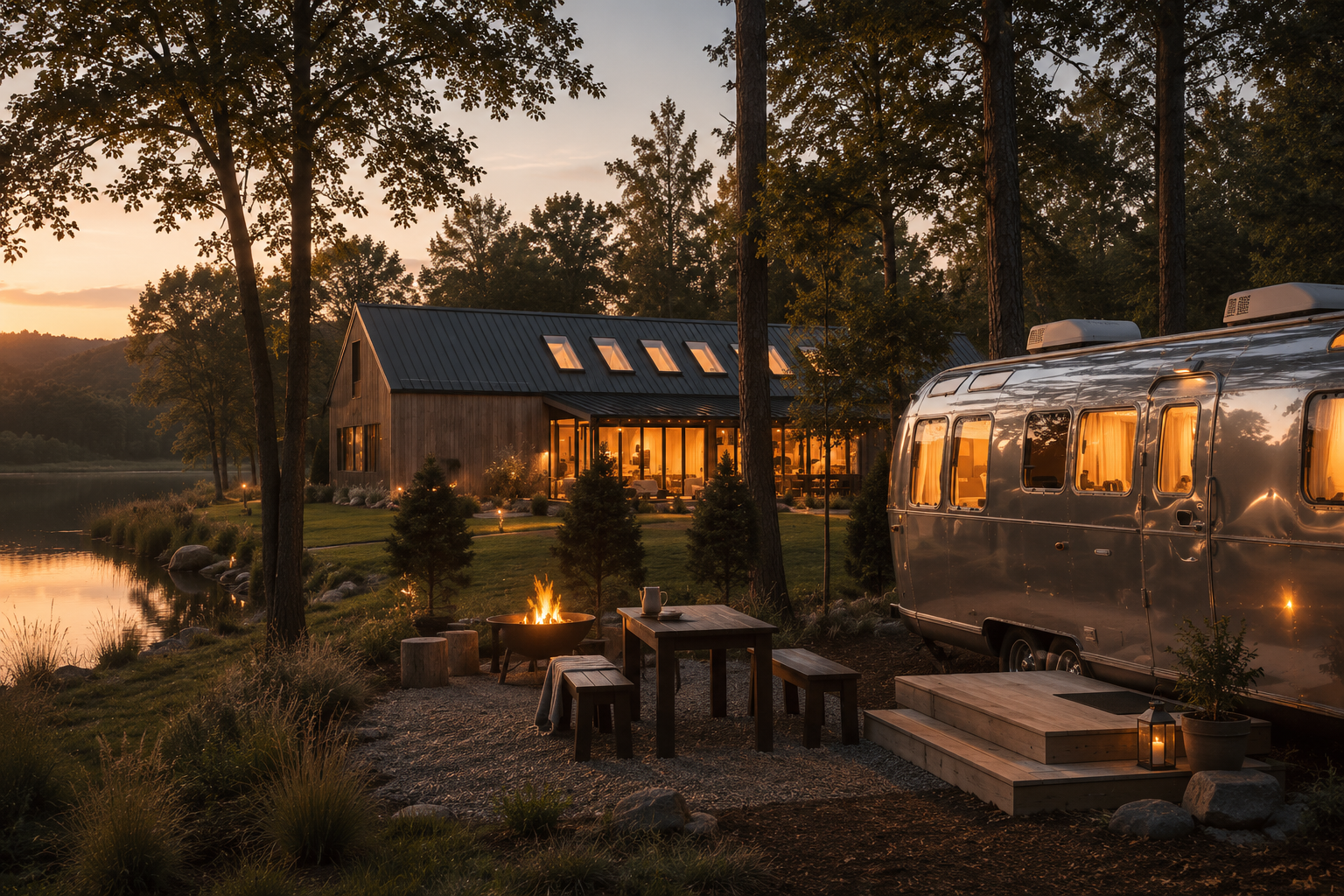 Airstream y lodge de madera junto a una laguna al atardecer, hospitalidad de naturaleza premium