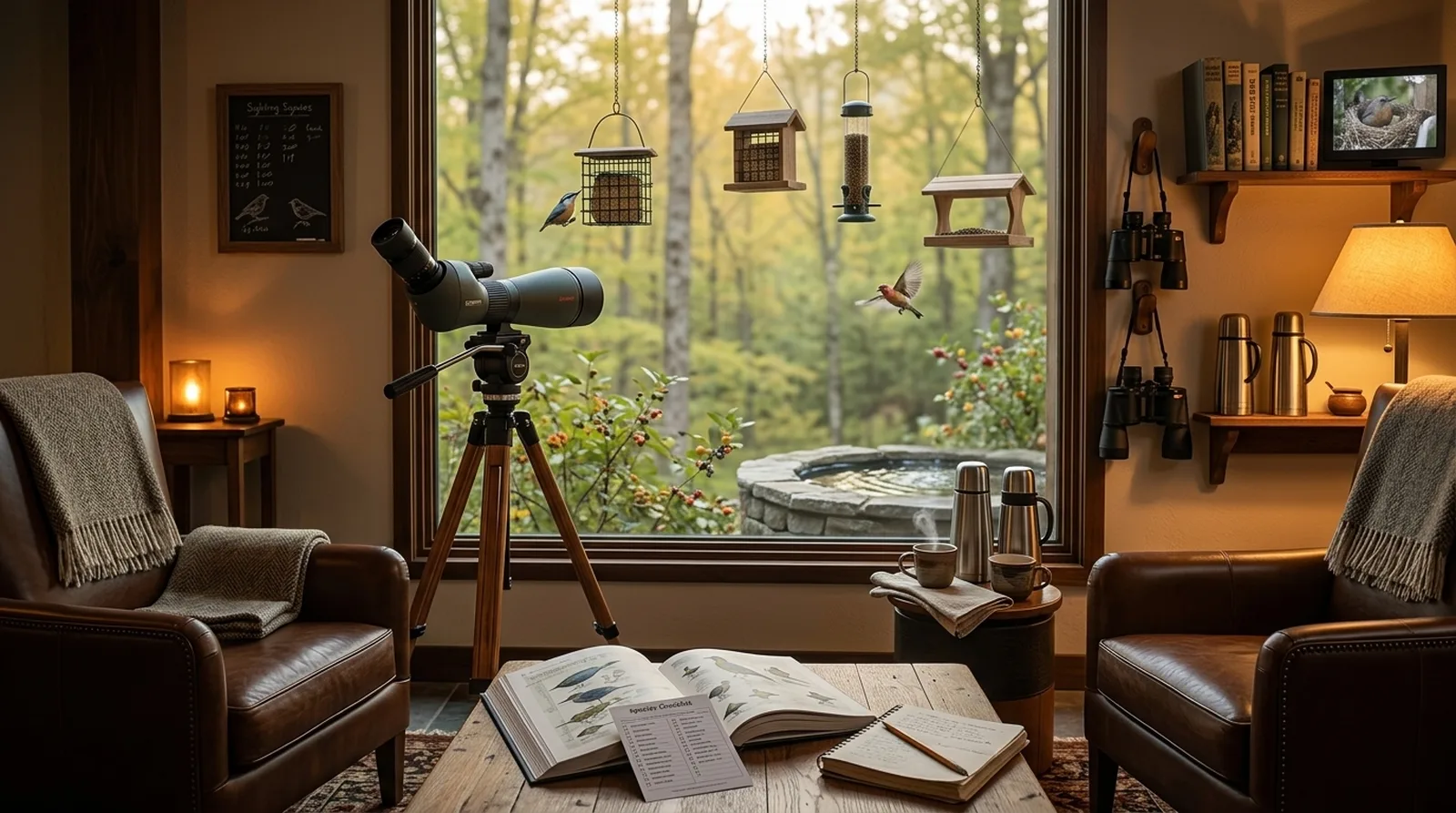 Sal&oacute;n de birdwatching: telescopio al ventanal, prism&aacute;ticos, gu&iacute;as, panel de avistamientos y comederos con aves tras el cristal