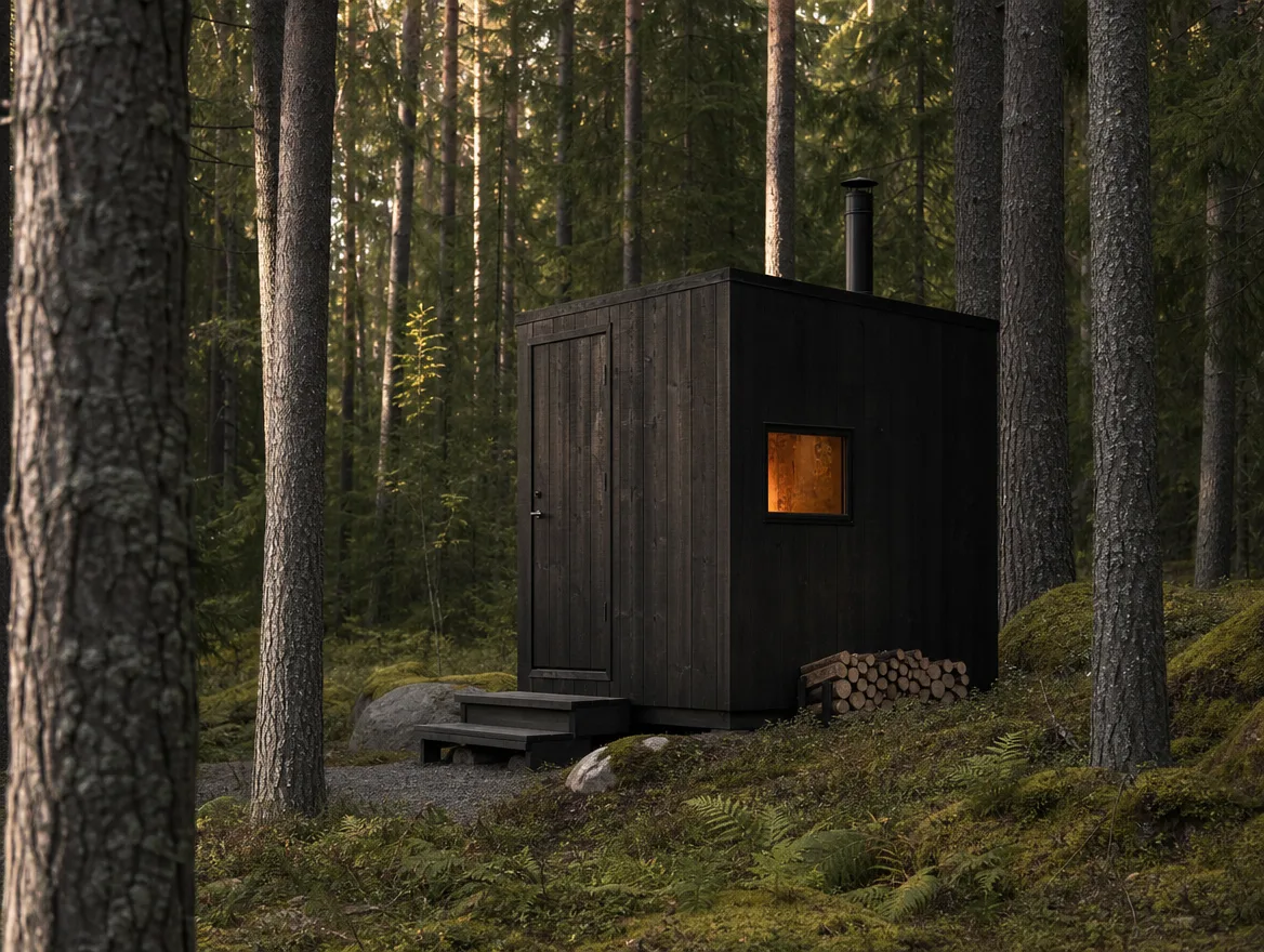 Sauna negra solitaria entre pinos