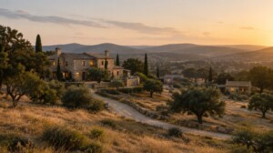 Finca de piedra reconvertida en alojamiento rural entre encinas de dehesa y colinas al atardecer