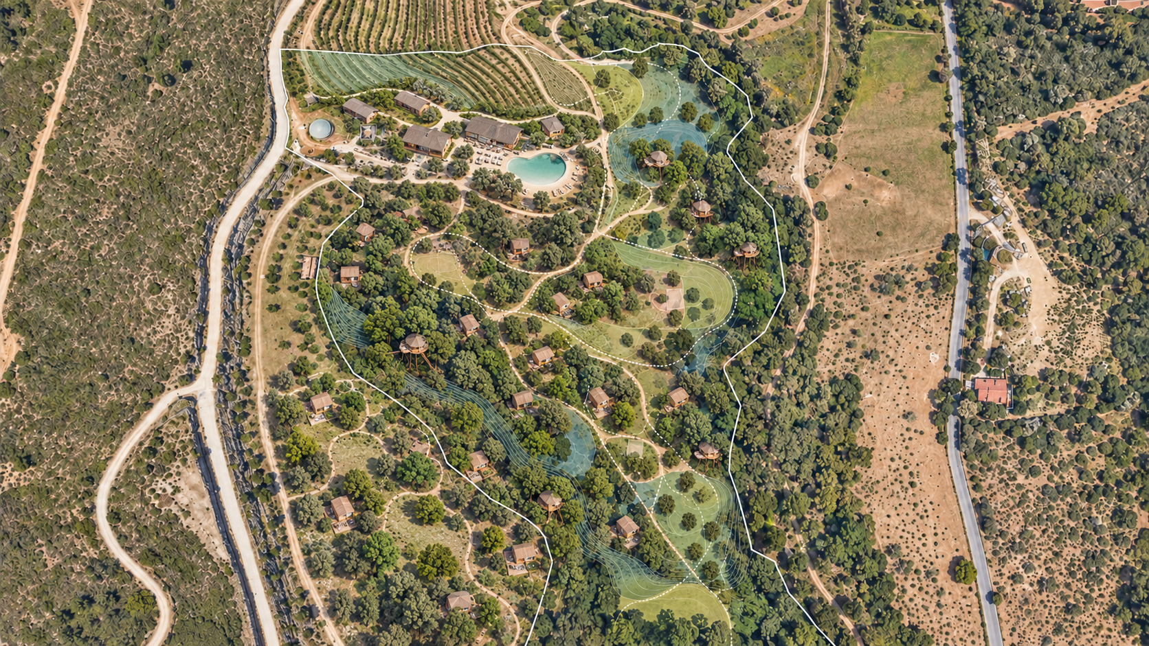 Vista aérea conceptual de un alojamiento de naturaleza; no representa la implantación de la finca