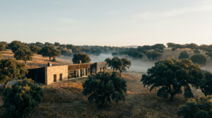 Lodge de piedra y madera en una dehesa con encinas y niebla al amanecer, integrado en el paisaje.